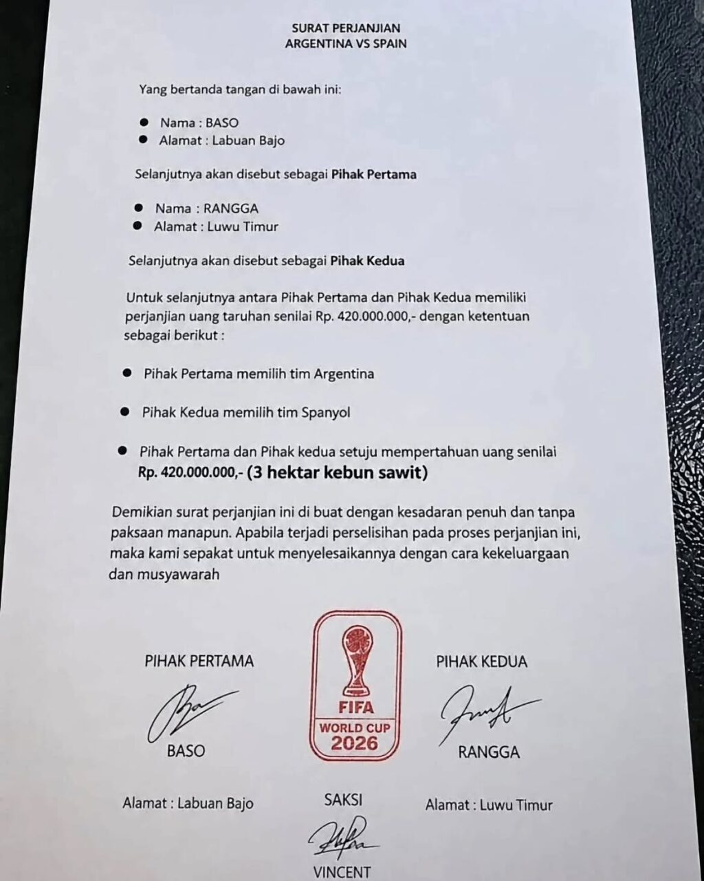 Beredar surat perjanjian taruhan Final Piala Dunia 2026 antara warga Luwu dan Labuan Bajo. Nila.heic