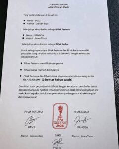 Beredar surat perjanjian taruhan Final Piala Dunia 2026 antara warga Luwu dan Labuan Bajo. Nila.heic