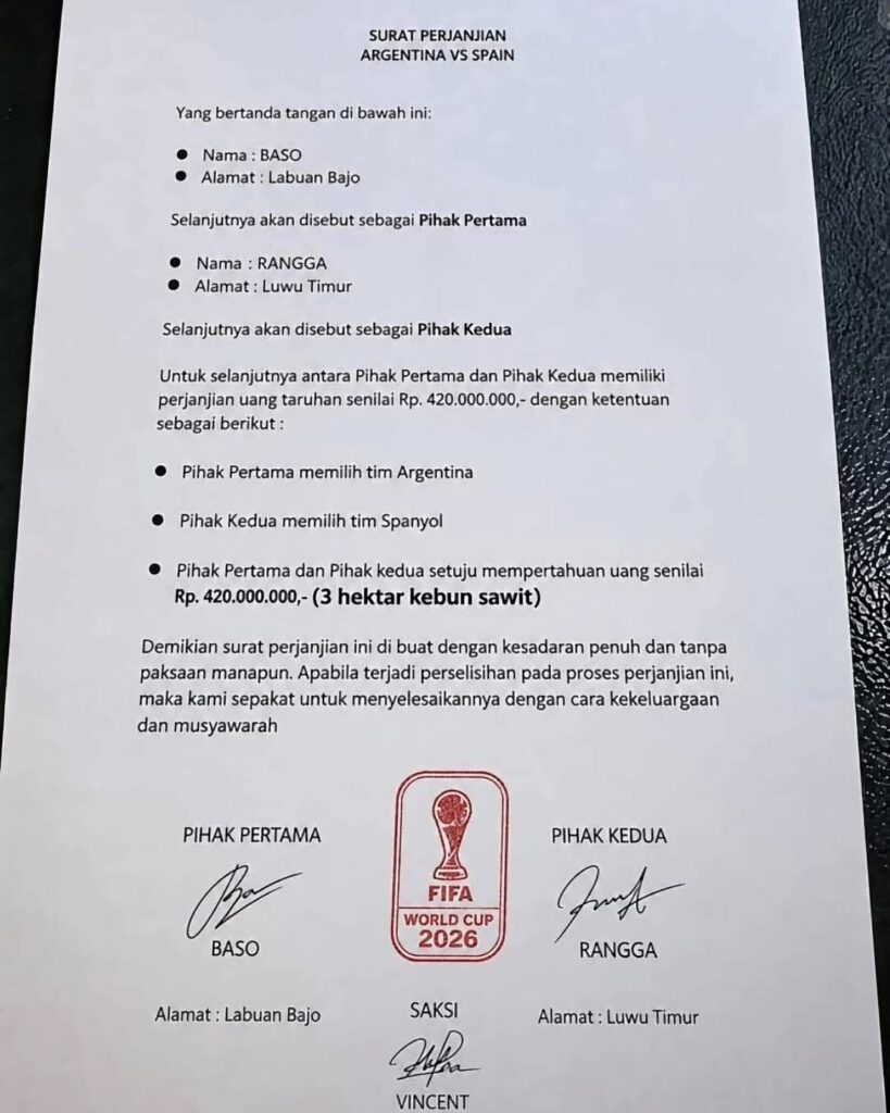Beredar surat perjanjian taruhan Final Piala Dunia 2026 antara warga Luwu dan Labuan Bajo. Nila.heic